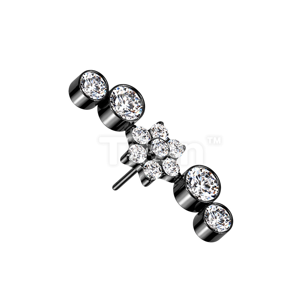 Implant Grade Titanium Threadless Push In Top With Opal or CZ Flower Center and Double Bezel Set CZs on Each Side - Image 3