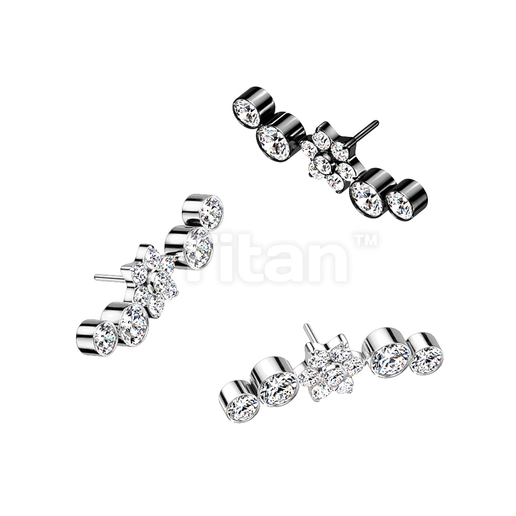 Implant Grade Titanium Threadless Push In Top With Opal or CZ Flower Center and Double Bezel Set CZs on Each Side