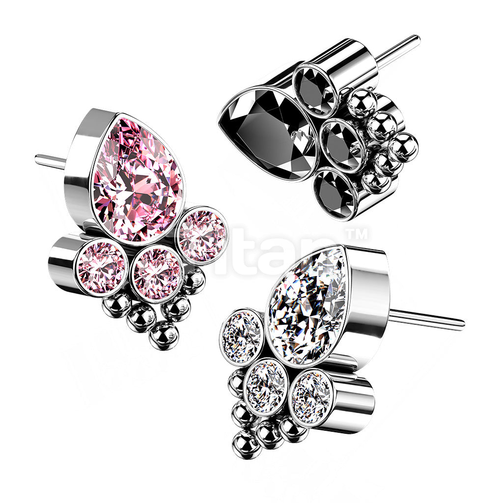Implant Grade Titanium Threadless Push In Bezel Set CZ and Ball Cluster with Pear Center CZ Top