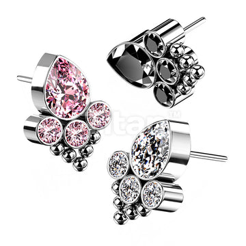 Implant Grade Titanium Threadless Push In Bezel Set CZ and Ball Cluster with Pear Center CZ Top