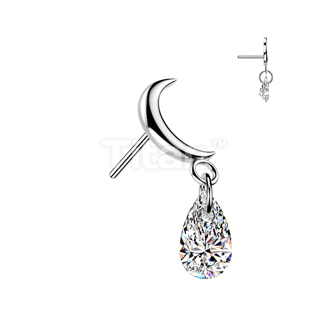 Titanium Threadless Push In Crescent Moon Top With Teardrop CZ Dangle - Image 2