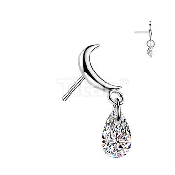 Titanium Threadless Push In Crescent Moon Top With Teardrop CZ Dangle - Image 2