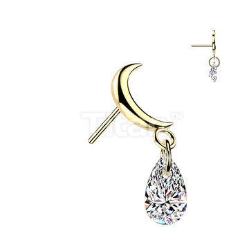 Titanium Threadless Push In Crescent Moon Top With Teardrop CZ Dangle - Image 3