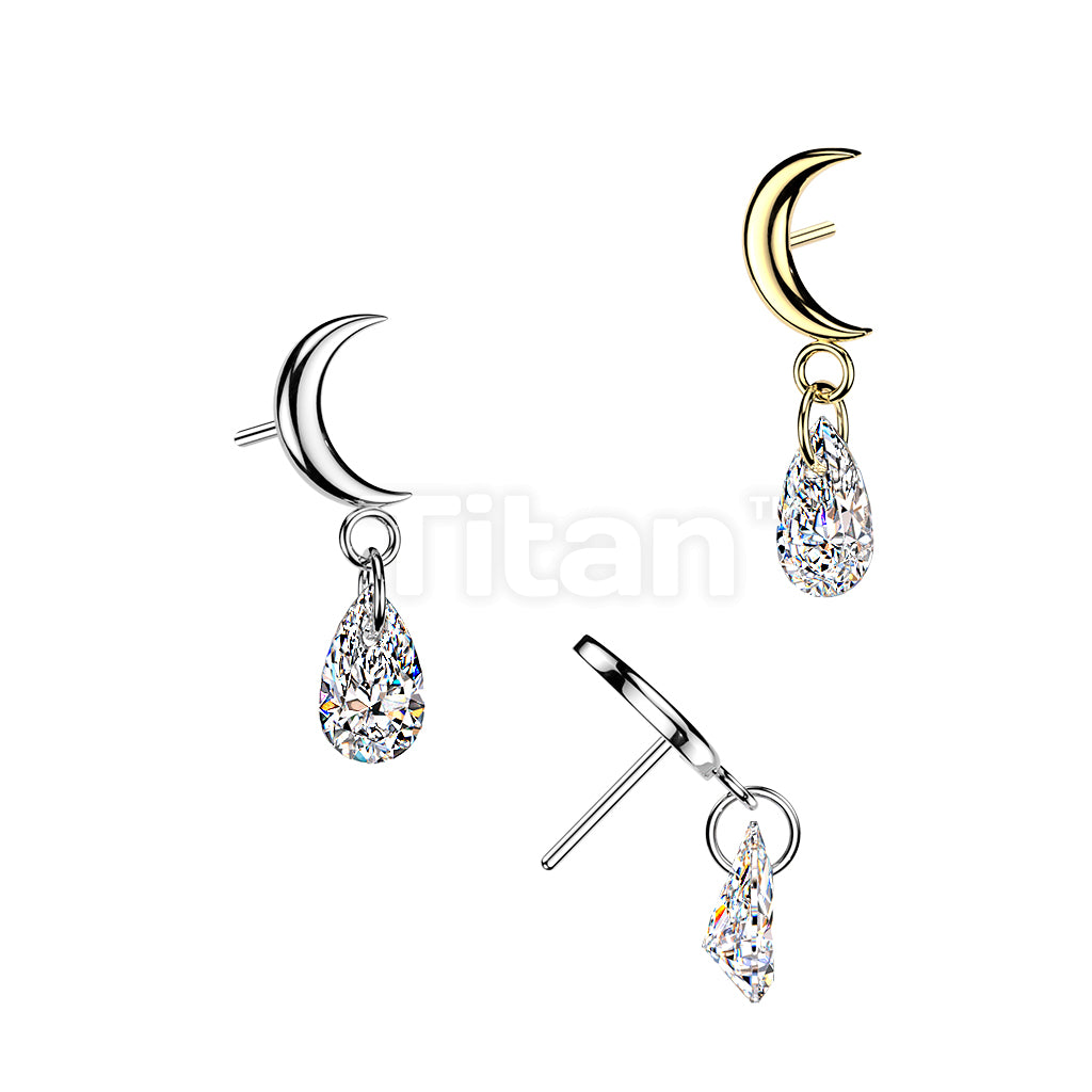 Titanium Threadless Push In Crescent Moon Top With Teardrop CZ Dangle