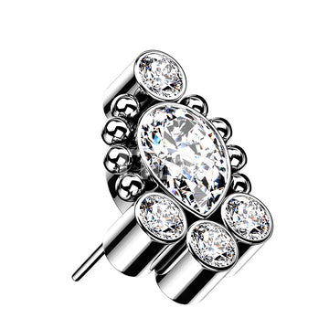 Implant Grade Titanium Threadless Push In Bezel Set CZ Cluster With Pear Shaped Center and Beaded Ball Edge Top - Image 2