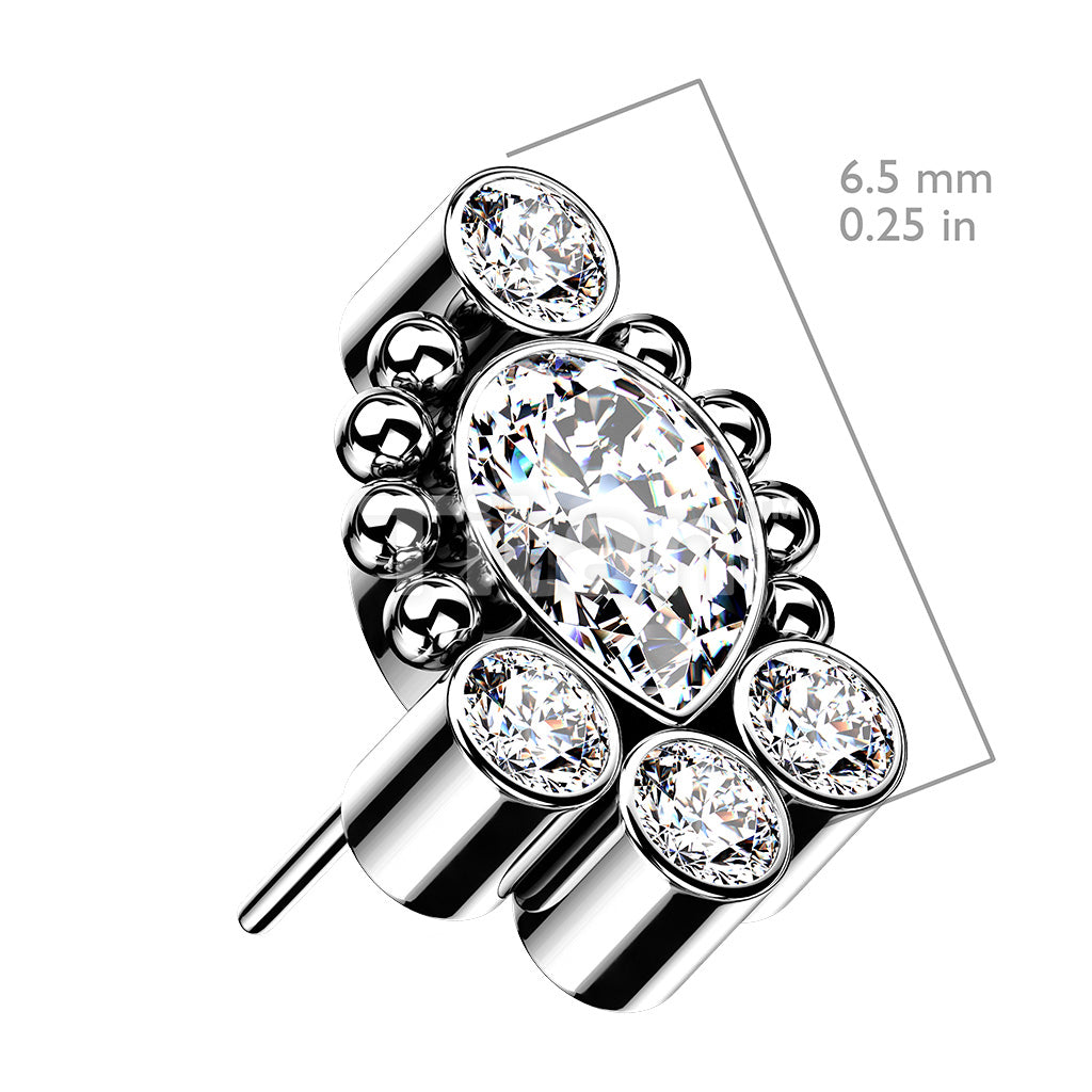 Implant Grade Titanium Threadless Push In Bezel Set CZ Cluster With Pear Shaped Center and Beaded Ball Edge Top - Image 5