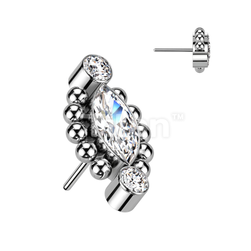 Implant Grade Titanium Threadless Push In Top With Marquise CZ or Opal Center Surrounded Ball Clusters and CZ Ends - Image 2