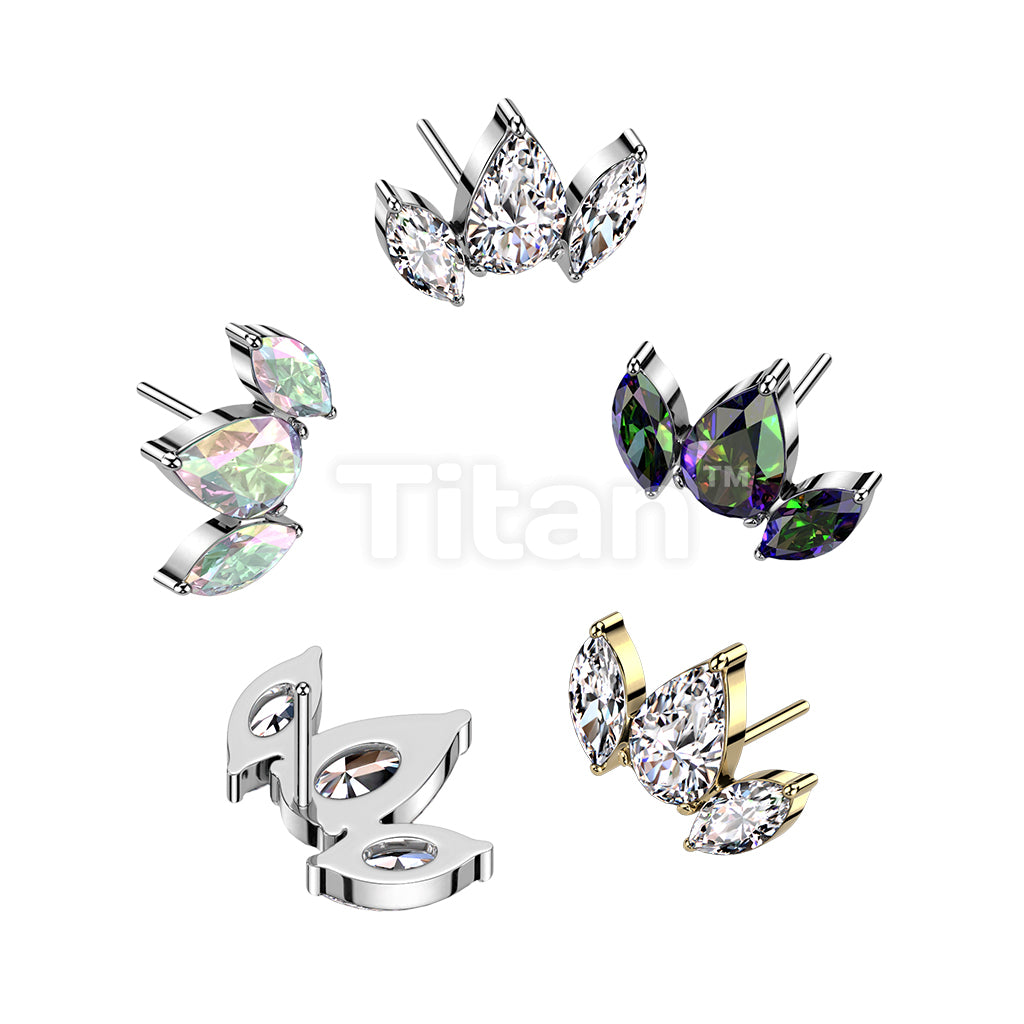Implant Grade Titanium Threadless Push In Pear CZ Between 2 Marquise CZ Top