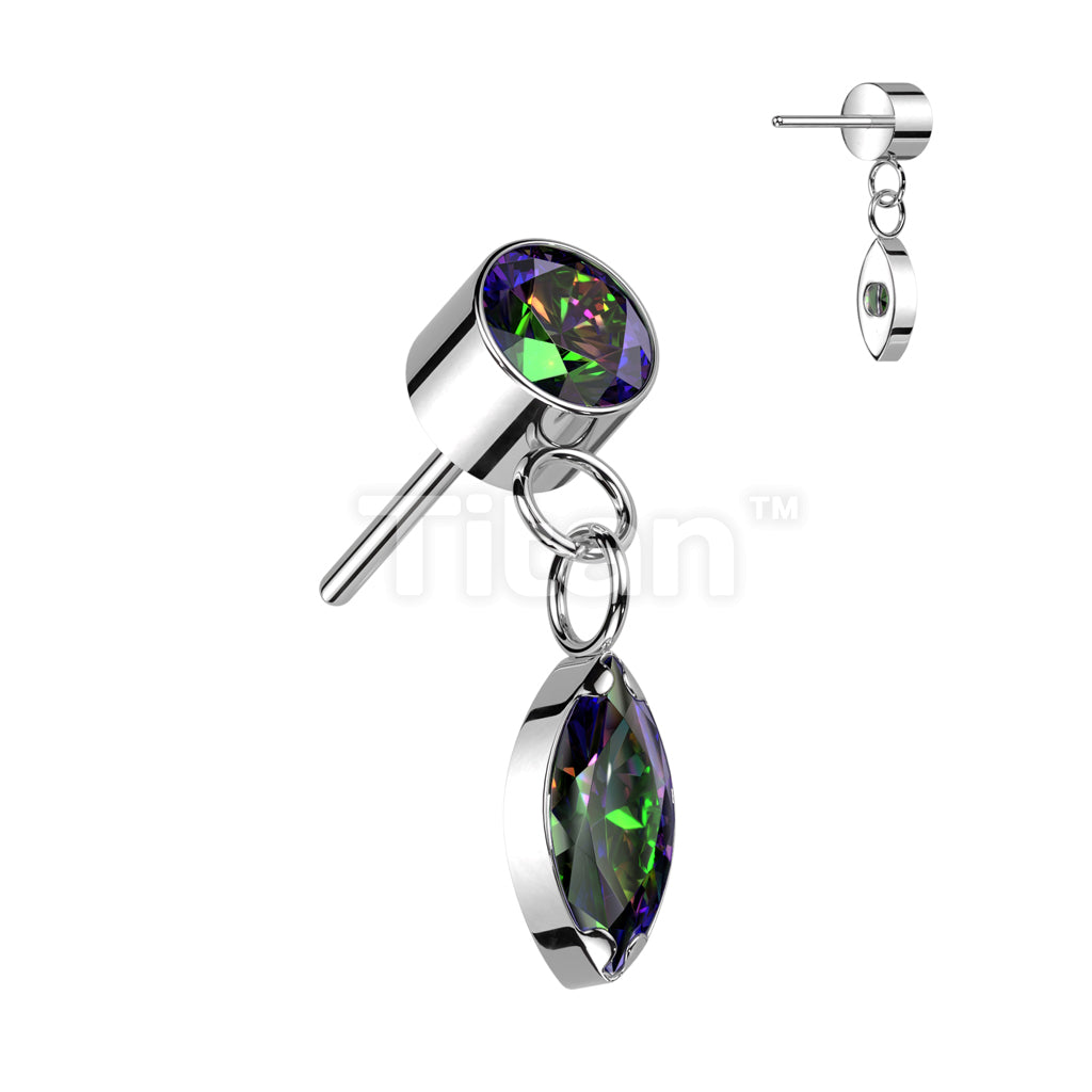 Implant Grade Titanium Threadless Push In Round Bezel Set CZ With Marquise CZ Dangle Top - Image 5