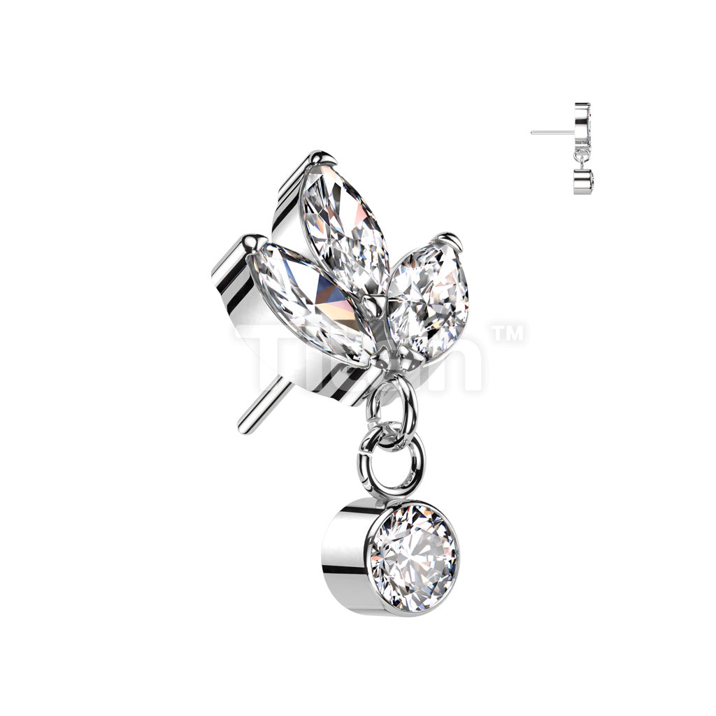 Implant Grade Titanium Threadless Push In 3 Marquise CZ With Round Bezel Set CZ Dangle Top - Image 2