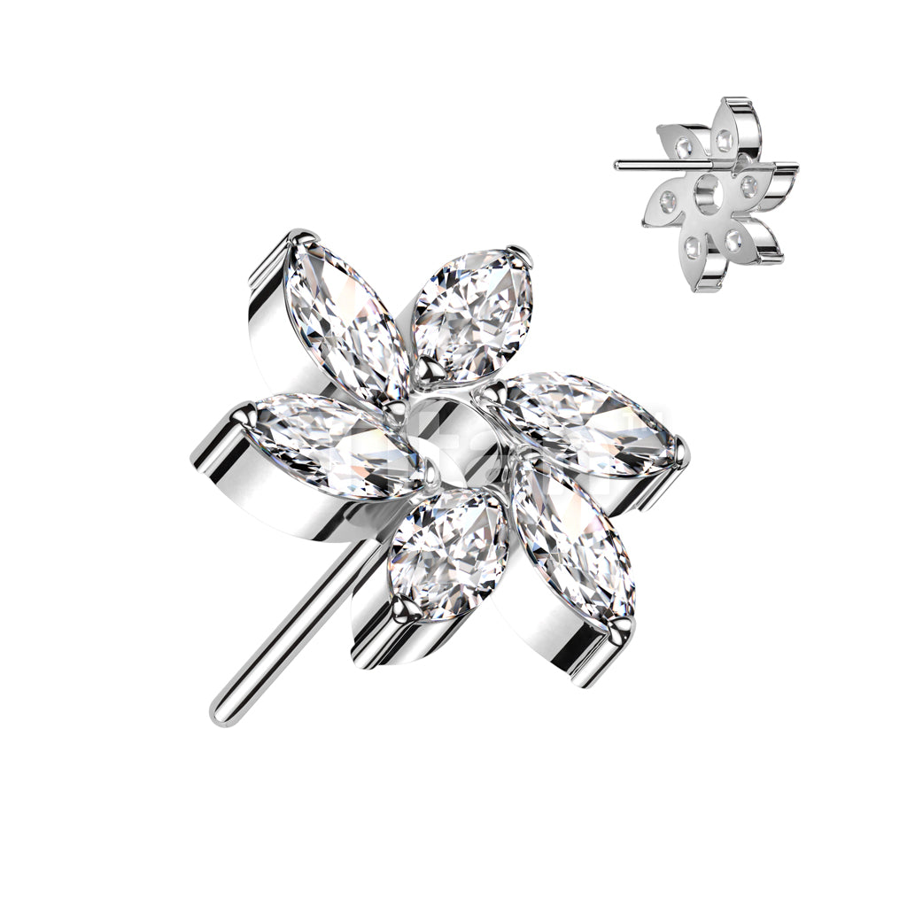Implant Grade Titanium Threadless Push In Marquise CZ Swirl Flower Top - Image 2