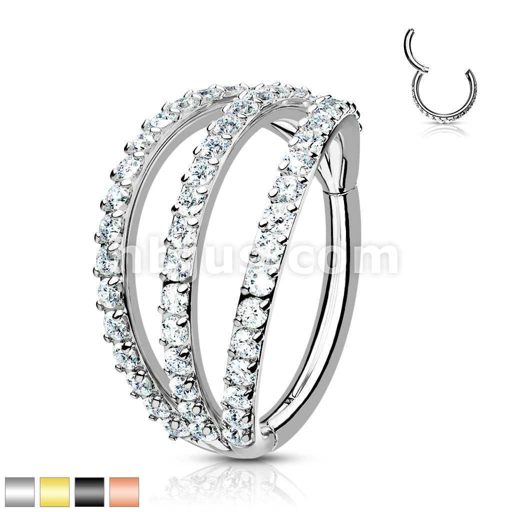 316L Surgical Steel Hinged Segment Hoop Rings with Triple Layer Paved CZ - Image 2