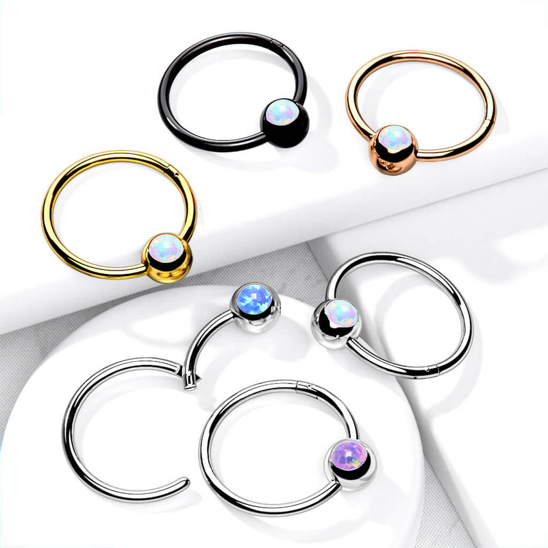 316L Surgical Steel Hinge Hoop Segment Rings with Opal Set Ball for Ear...
