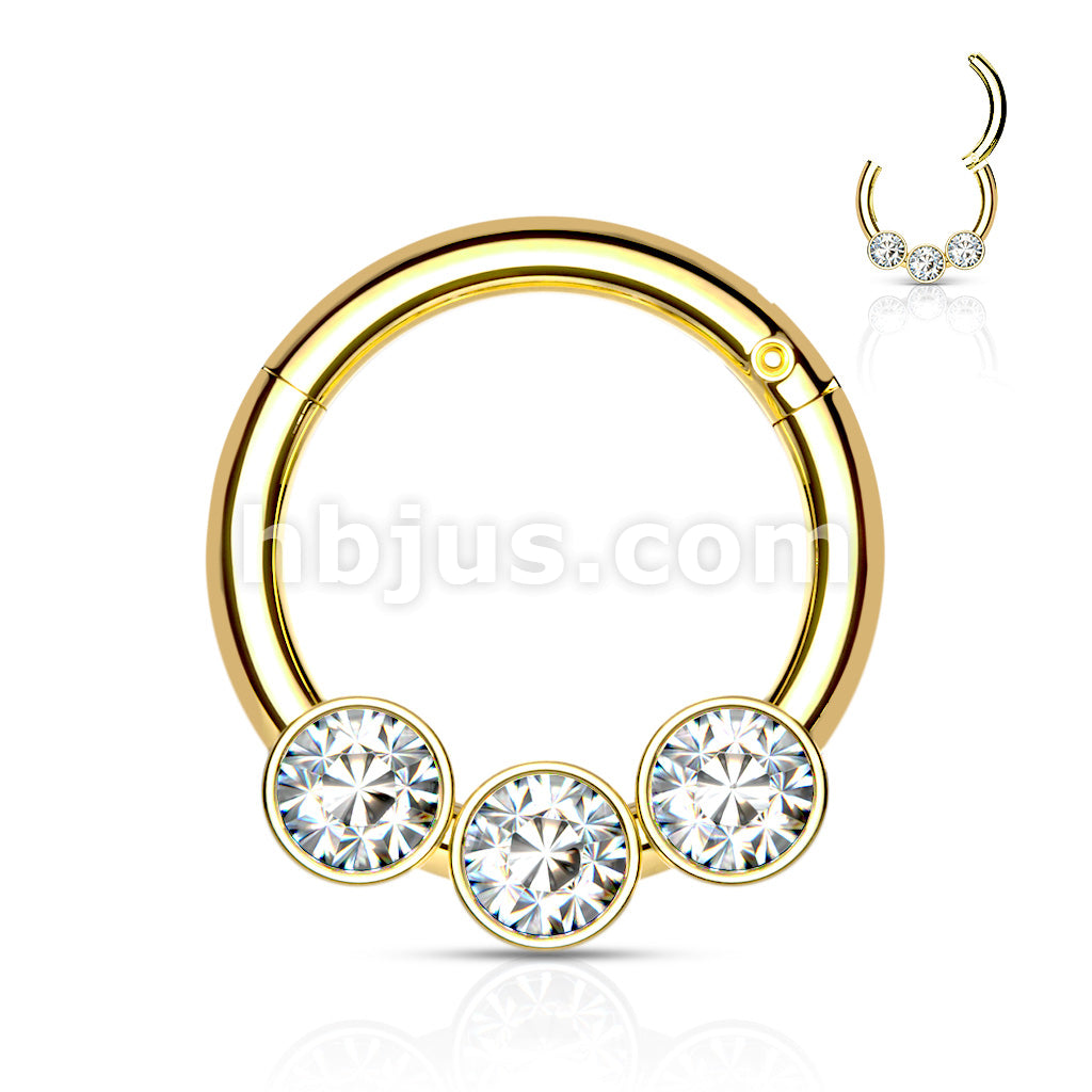 3 Bezel Set Crystals on 316L Surgical Steel Hinged Segment Hoop Rings - Image 3