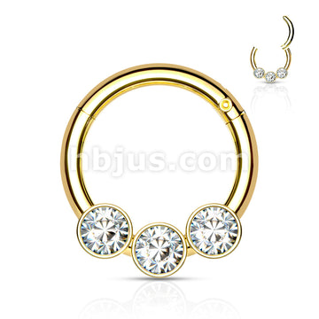 3 Bezel Set Crystals on 316L Surgical Steel Hinged Segment Hoop Rings - Image 3