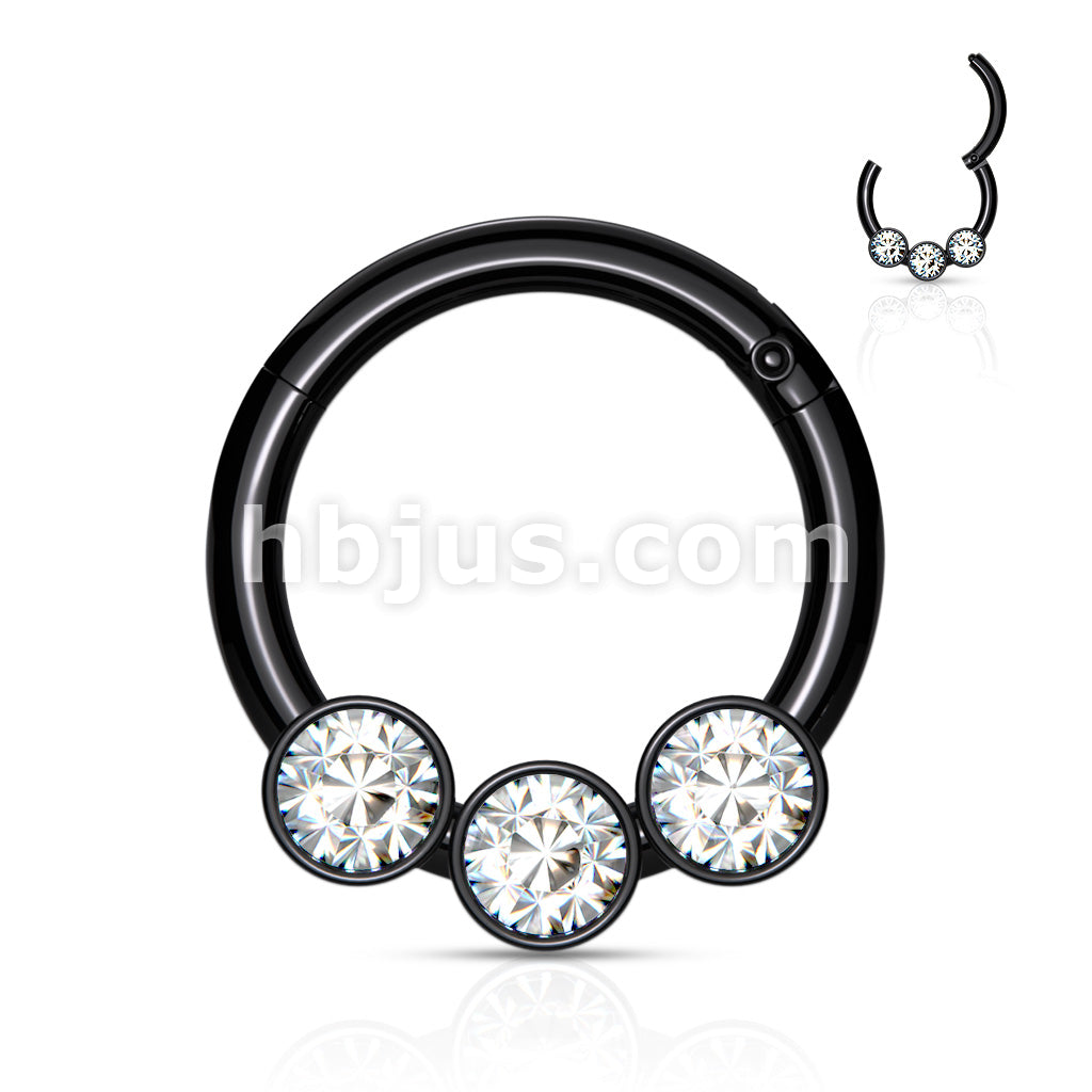 3 Bezel Set Crystals on 316L Surgical Steel Hinged Segment Hoop Rings - Image 4