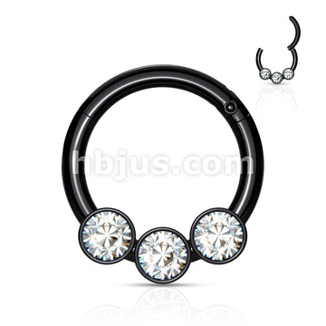 3 Bezel Set Crystals on 316L Surgical Steel Hinged Segment Hoop Rings - Image 4