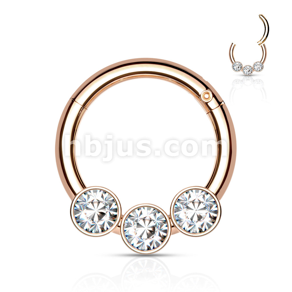 3 Bezel Set Crystals on 316L Surgical Steel Hinged Segment Hoop Rings - Image 5