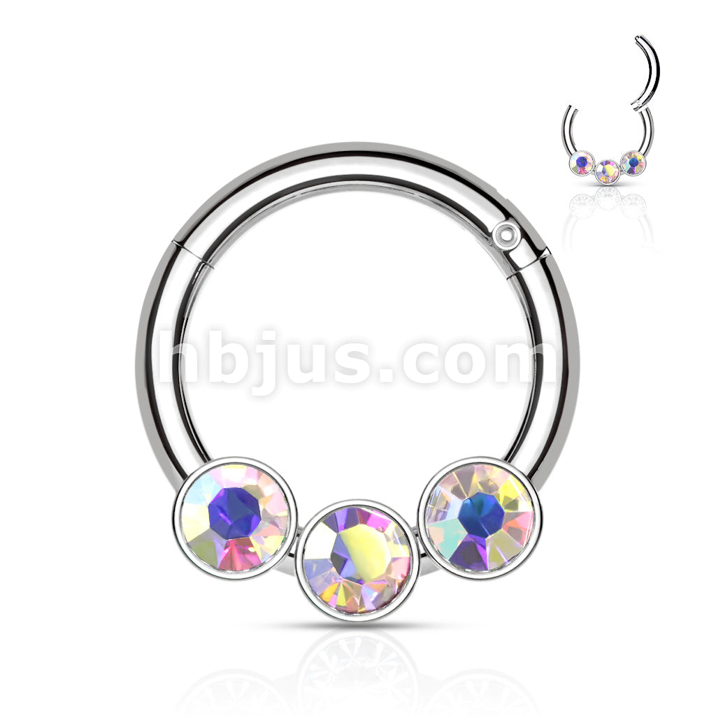 3 Bezel Set Crystals on 316L Surgical Steel Hinged Segment Hoop Rings - Image 6