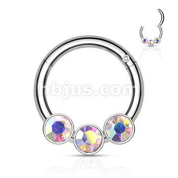 3 Bezel Set Crystals on 316L Surgical Steel Hinged Segment Hoop Rings - Image 6