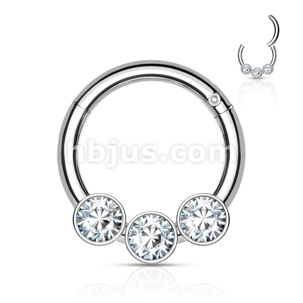 3 Bezel Set Crystals on 316L Surgical Steel Hinged Segment Hoop Rings - Image 7