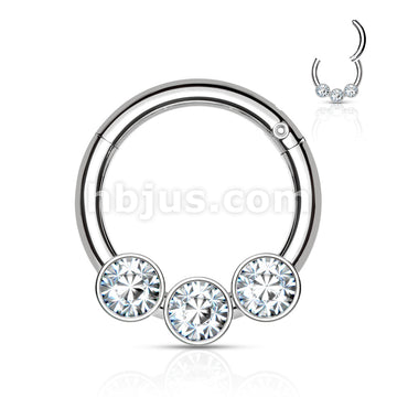 3 Bezel Set Crystals on 316L Surgical Steel Hinged Segment Hoop Rings - Image 7