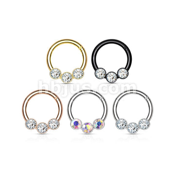 3 Bezel Set Crystals on 316L Surgical Steel Hinged Segment Hoop Rings - Image 9