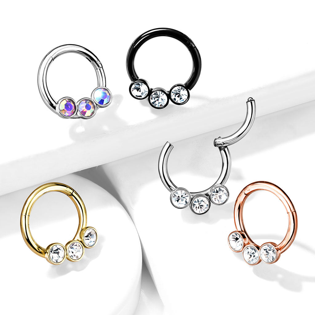 3 Bezel Set Crystals on 316L Surgical Steel Hinged Segment Hoop Rings
