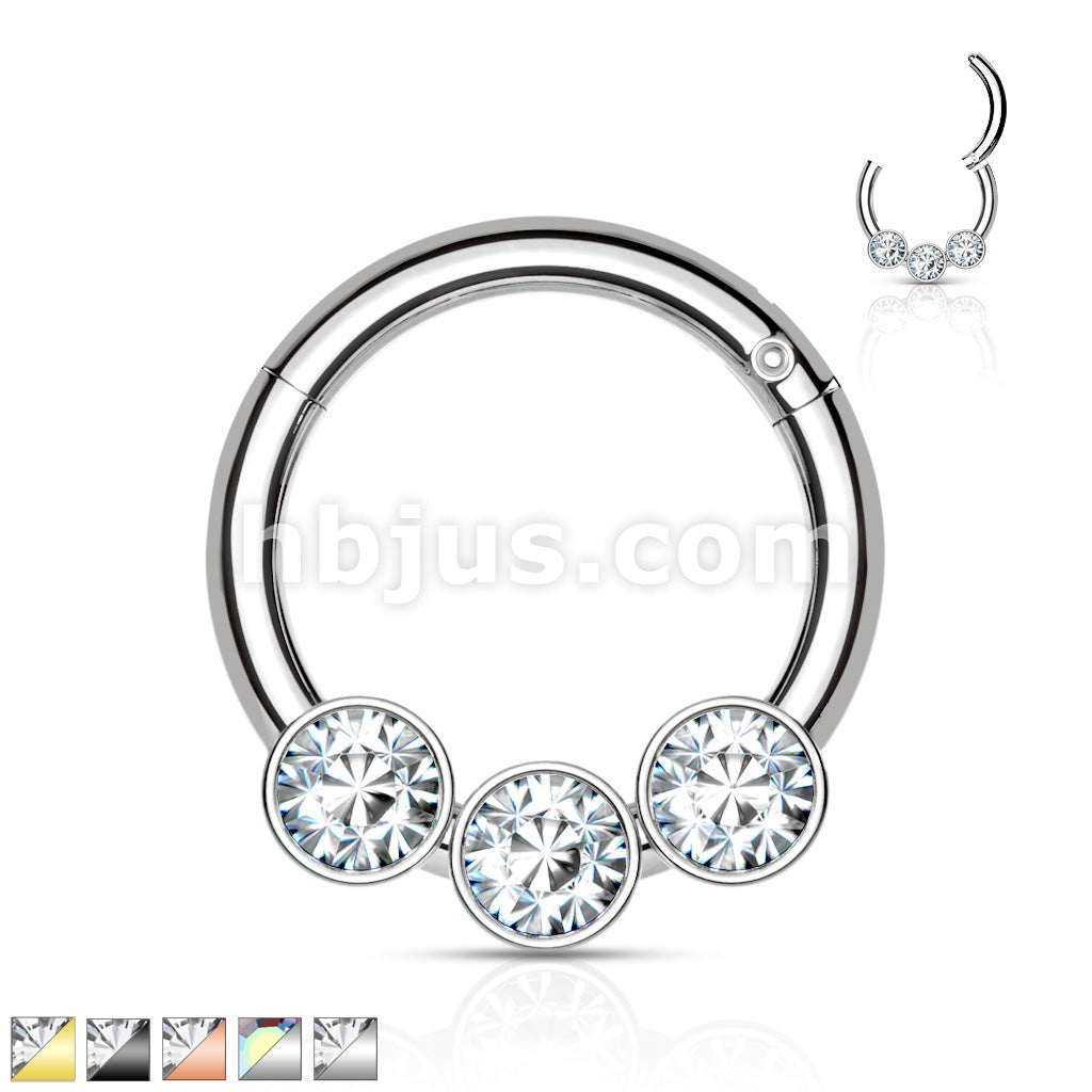 3 Bezel Set Crystals on 316L Surgical Steel Hinged Segment Hoop Rings - Image 2