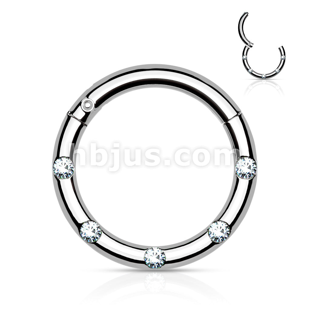 316L Surgical Steel Hinged Segment Hoop Rings with 5 Flush Set Front... - Image 6