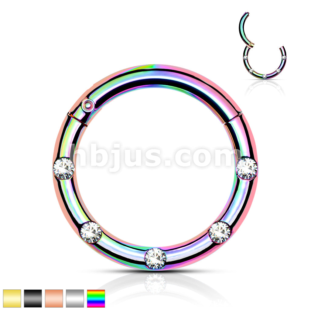 316L Surgical Steel Hinged Segment Hoop Rings with 5 Flush Set Front... - Image 2