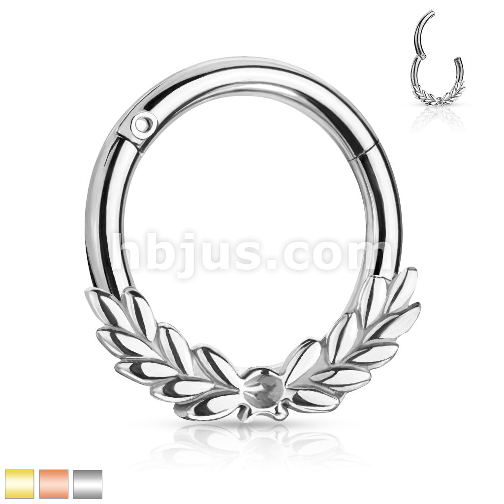 All 316L Surgical Steel Laurel Leaves Front Hinged Hoop Rings - Image 2