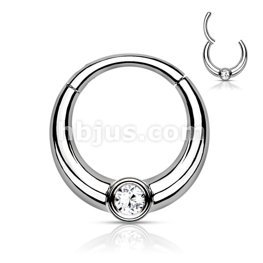 Centered Front Facing CZ 316L Surgical Steel Hinged Segment Hoop Rings - Image 6