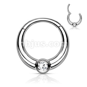 Centered Front Facing CZ 316L Surgical Steel Hinged Segment Hoop Rings - Image 6