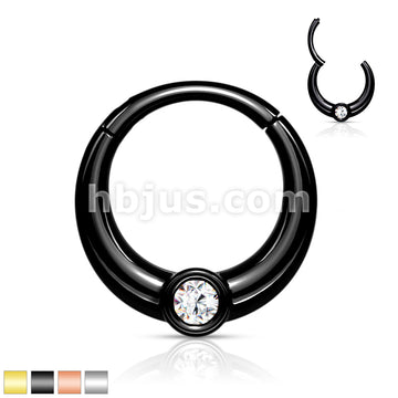 Centered Front Facing CZ 316L Surgical Steel Hinged Segment Hoop Rings - Image 2