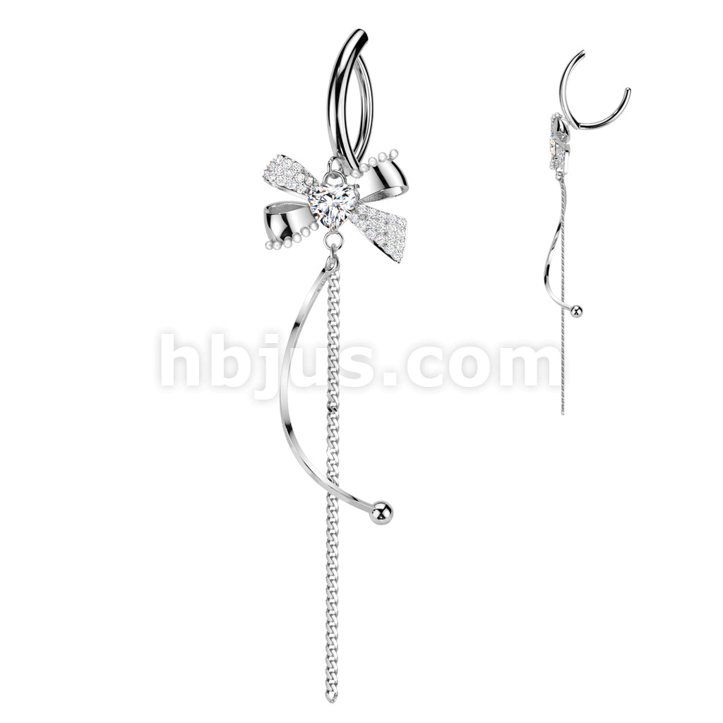 316L Surgical Steel Hinged Belly Button Ring With CZ and Pearl Bow With... - Image 2