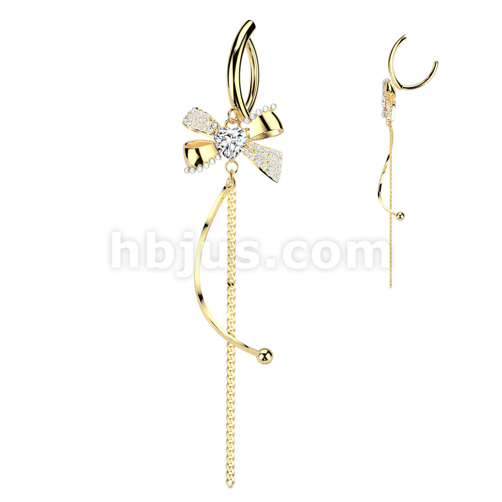 316L Surgical Steel Hinged Belly Button Ring With CZ and Pearl Bow With... - Image 3