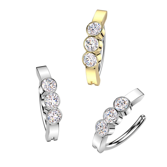 316L Surgical Steel 316L Surgical Steel Hinged 3 Bezel Set CZ Belly...