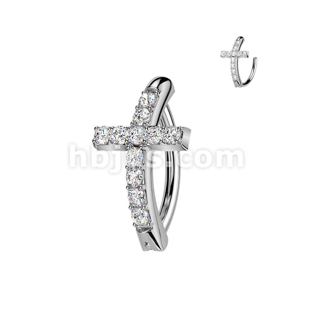 316L Surgical Steel 316L Hinged CZ Pave Cross Belly Button Ring - Image 2