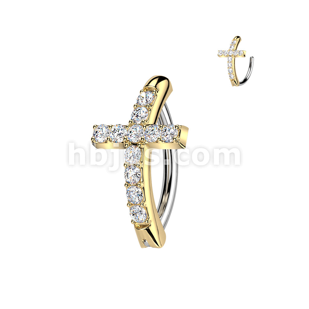 316L Surgical Steel 316L Hinged CZ Pave Cross Belly Button Ring - Image 3