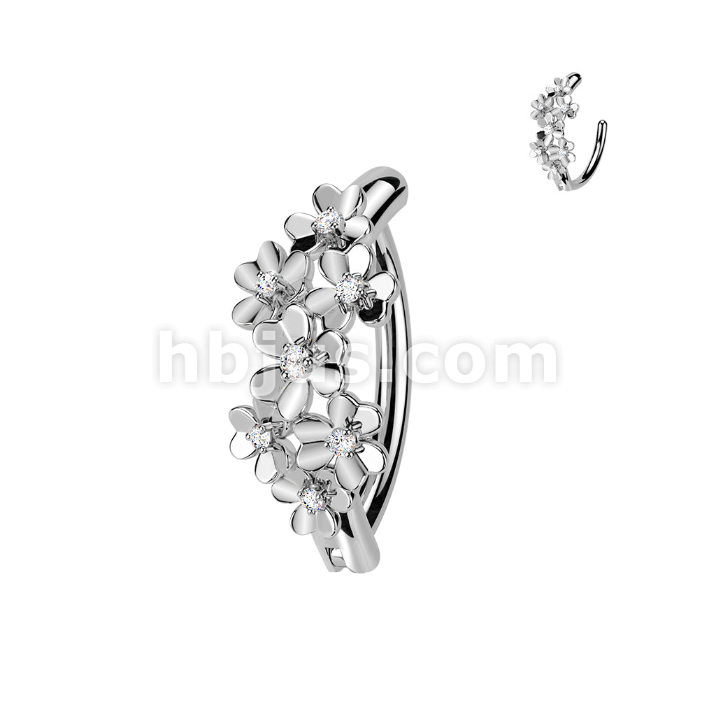316L Surgical Steel 316L Hinged Belly Button Ring With CZ Centered Flowers - Image 2