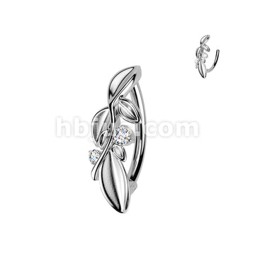 316L Surgical Steel 316L Hinged Belly Button Ring With Leafy Vine and 2 CZs - Image 2