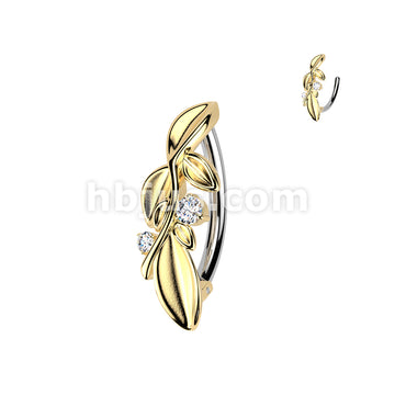 316L Surgical Steel 316L Hinged Belly Button Ring With Leafy Vine and 2 CZs - Image 3