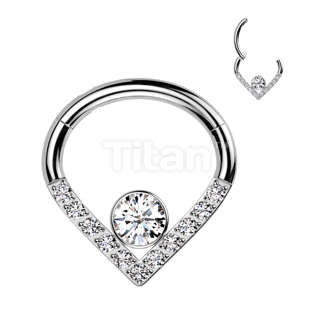 Implant Grade Titanium Hinged Segment Hoop Ring With Pave CZ Single Line Chevron and CZ or Opal Center - Image 2
