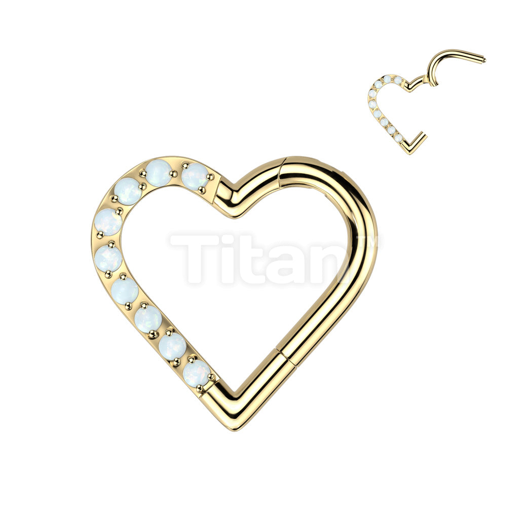 Implant Grade Titanium Hinged Segment Hoop Ring With Half Pave Opal Heart - Image 2