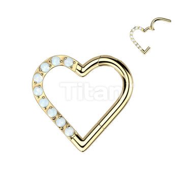 Implant Grade Titanium Hinged Segment Hoop Ring With Half Pave Opal Heart - Image 2