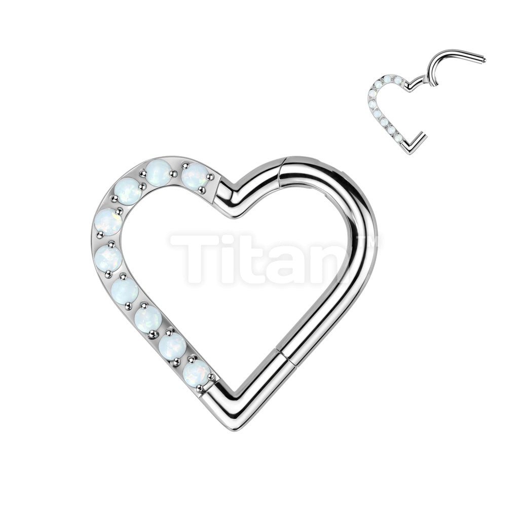 Implant Grade Titanium Hinged Segment Hoop Ring With Half Pave Opal Heart - Image 3