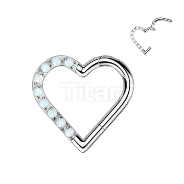 Implant Grade Titanium Hinged Segment Hoop Ring With Half Pave Opal Heart - Image 3
