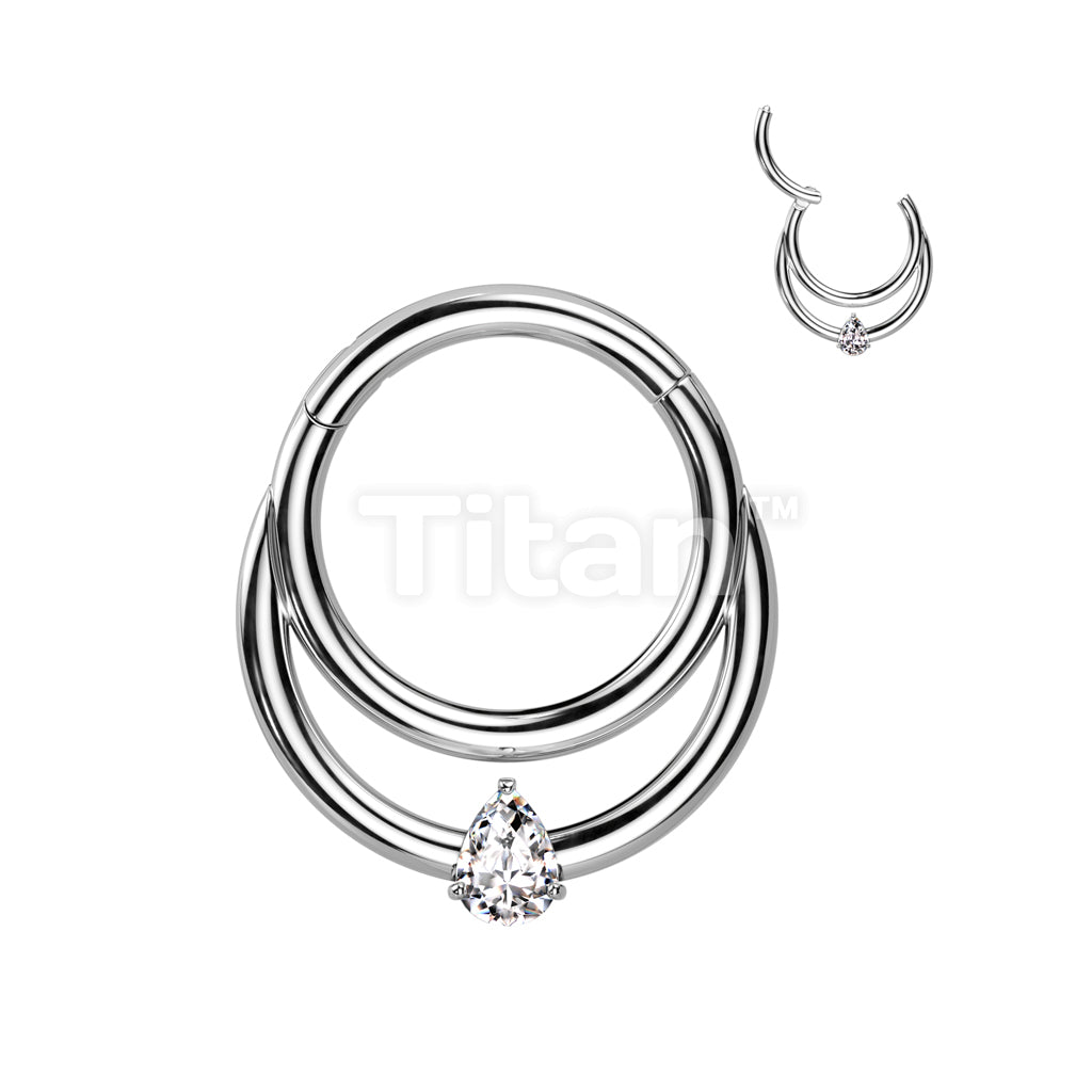 Implant Grade Titanium Hinged Segment Hoop Ring With Double Line and Tear Drop CZ Center - Image 2
