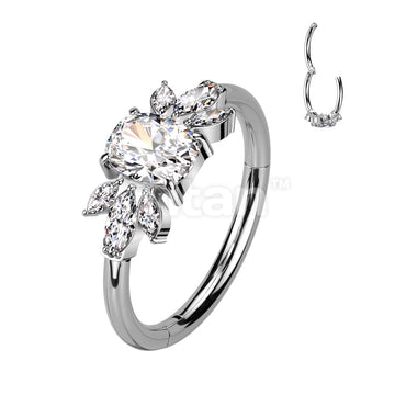 Implant Grade Titanium Hinged Segment Hoop Ring With Emerald Cut CZ Center Between Double CZ Marquise Leaf  - Image 3